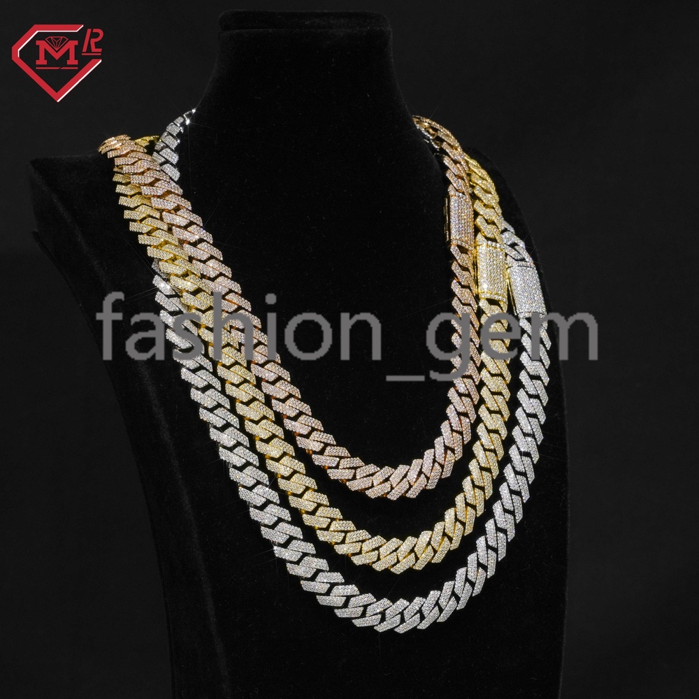 Pass Diamond Test Cuban Chain Hiphop 12mm 14mm 3 Rows 925 Silver Moissanite Cuban Link Chain