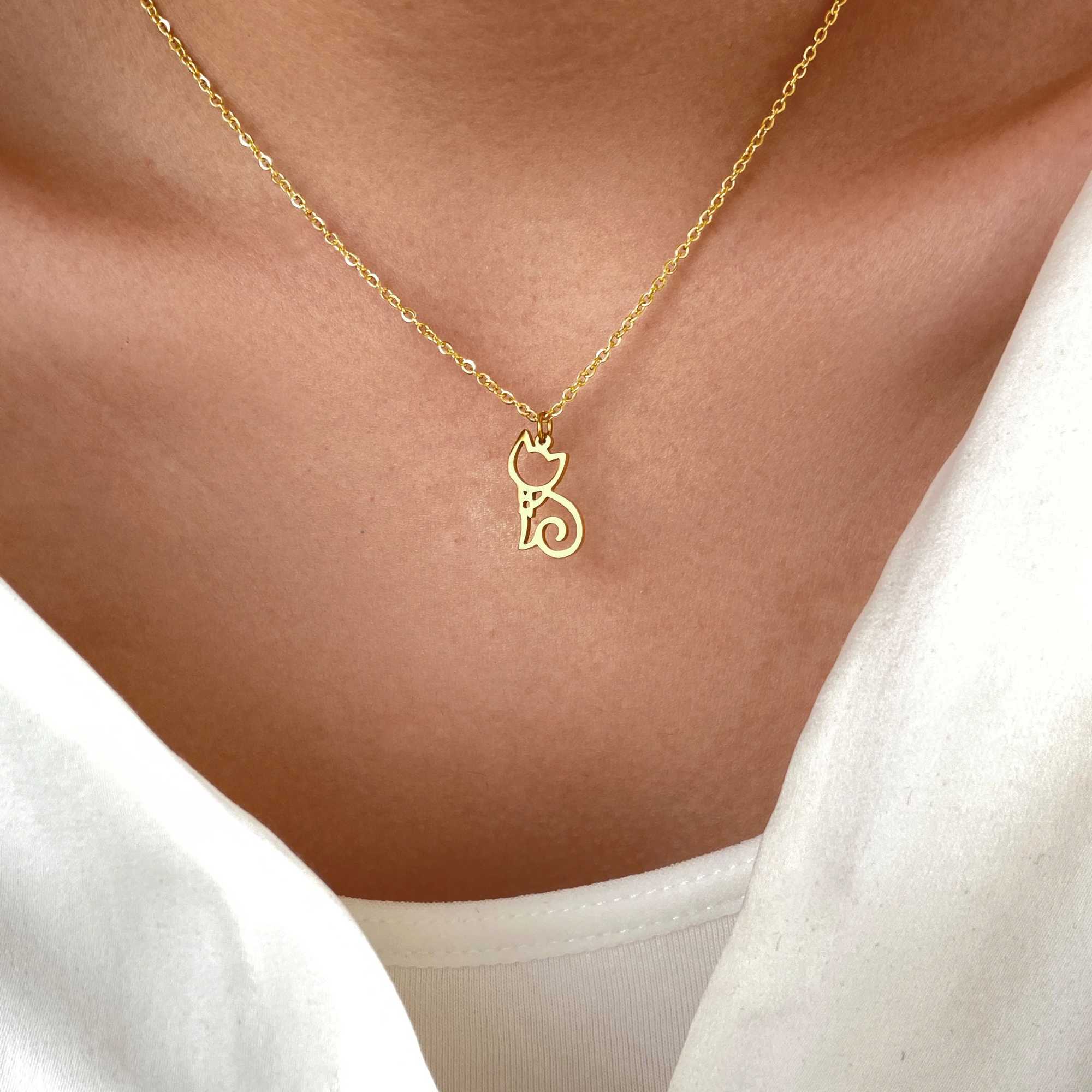 Stainless Steel Necklaces Line Cartoon Cat Pendants Chain Choker Jewelry Fashion Necklace For Women Jewelry Party Friend Gifts W250618