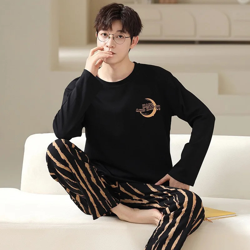 Men Pajama Set Simple Loose Breathable Cotton Pajamas Round Neck Student Loungewear Plaid Striped Trousers Can Be Worn Outside 250618