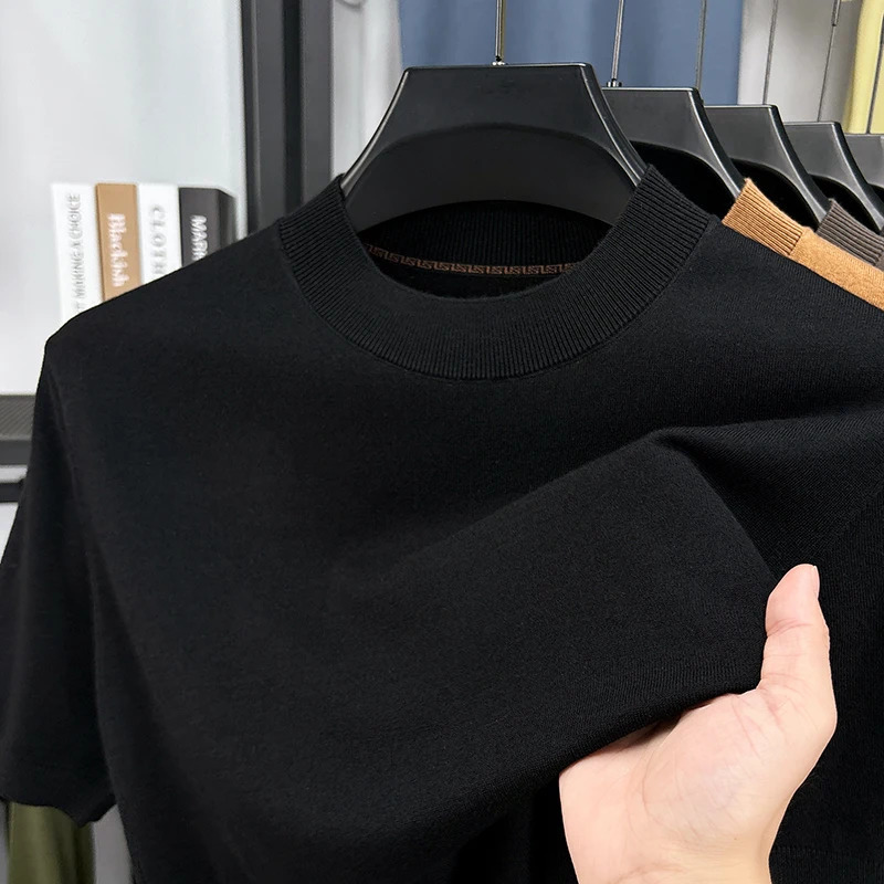 Silk Wool Men Basic Tops Spring Summer Casual Mock Neck Thin Knit Tshirt Short Sleeve Knitwear Pullover Slim Shirts 250617