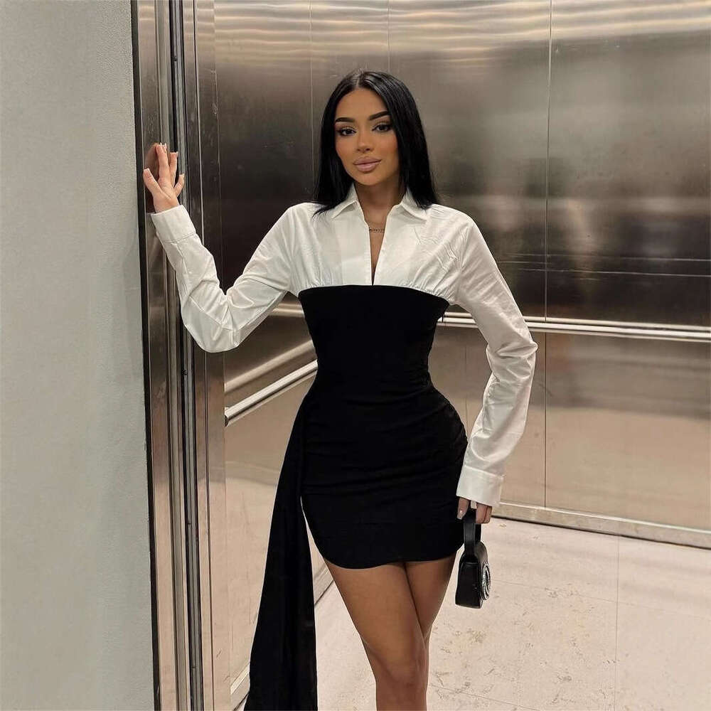 Autumn New Fashion Sexy White Elegant Color Block Turn-Down Collar Dress Women's Clothing B5