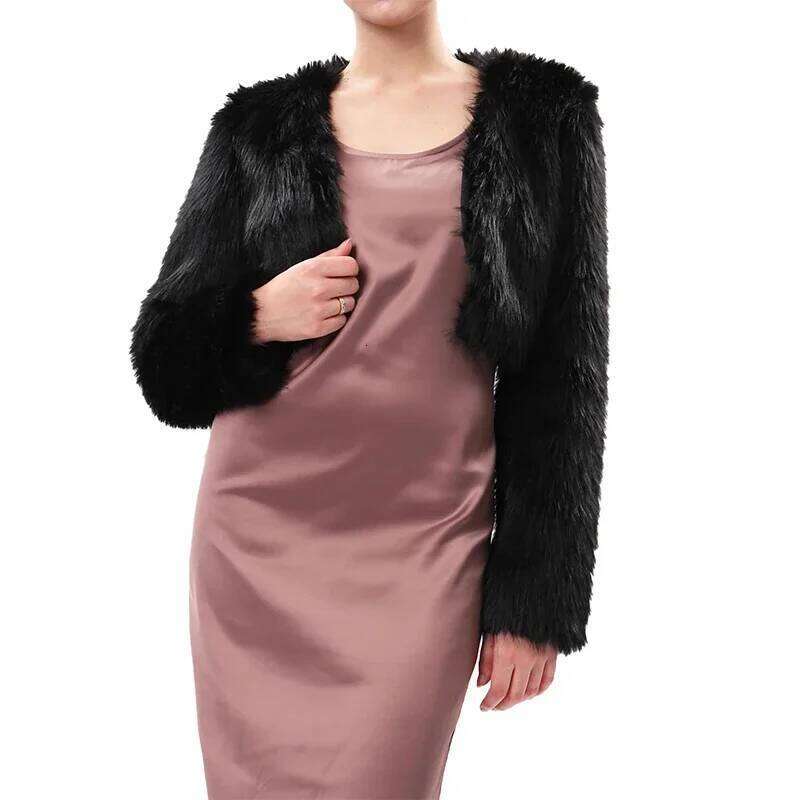 Womens Faux Fur Cropped Jacket Open Front Long Sleeve Winter Fuzzy Fleece Warm Thick Streetwear Casual Fashion Outerwear Coats