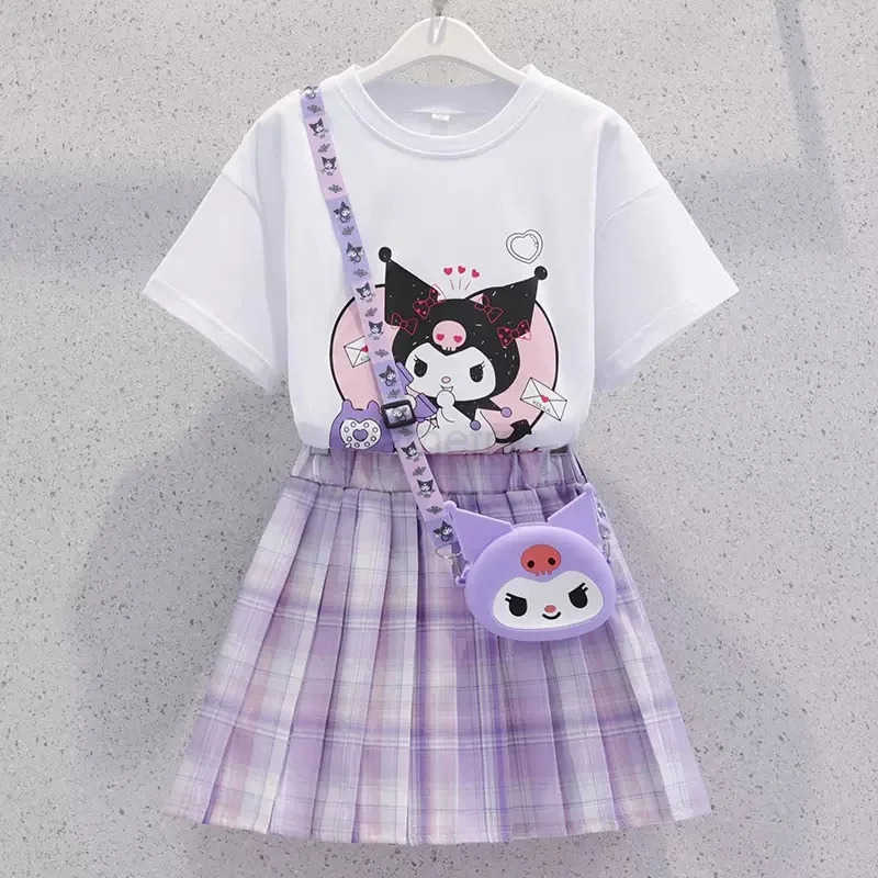 Sanrio New Kuromi Girls Skirt Set - Sanrio Summer Outfit Short-Sleeve T-shirt + Plaid Pleated Skirt 2Pc Cute Preppy Dress (Age 3-13)XJ250618