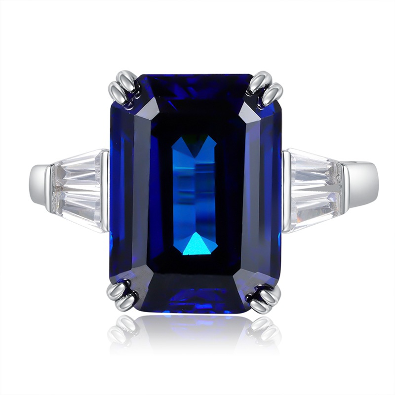 S925 Sterling Silver Emerald Cut Ring 10x14mm Royal Blue Gemstone