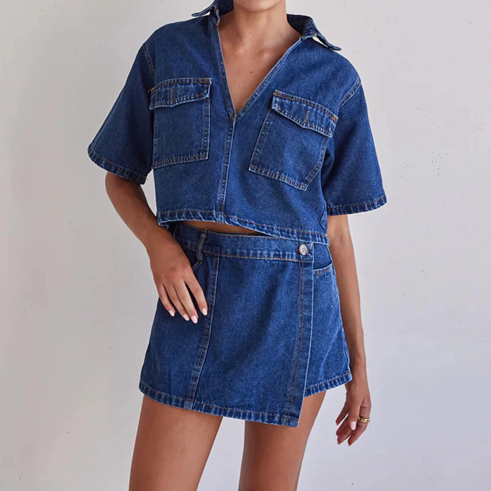 Womens 2 Piece Denim Outfits Y2k Vintage Short Sleeve Lapel Jean Tops and Asymmetrical Shorts Matching Set Streetwear 250614