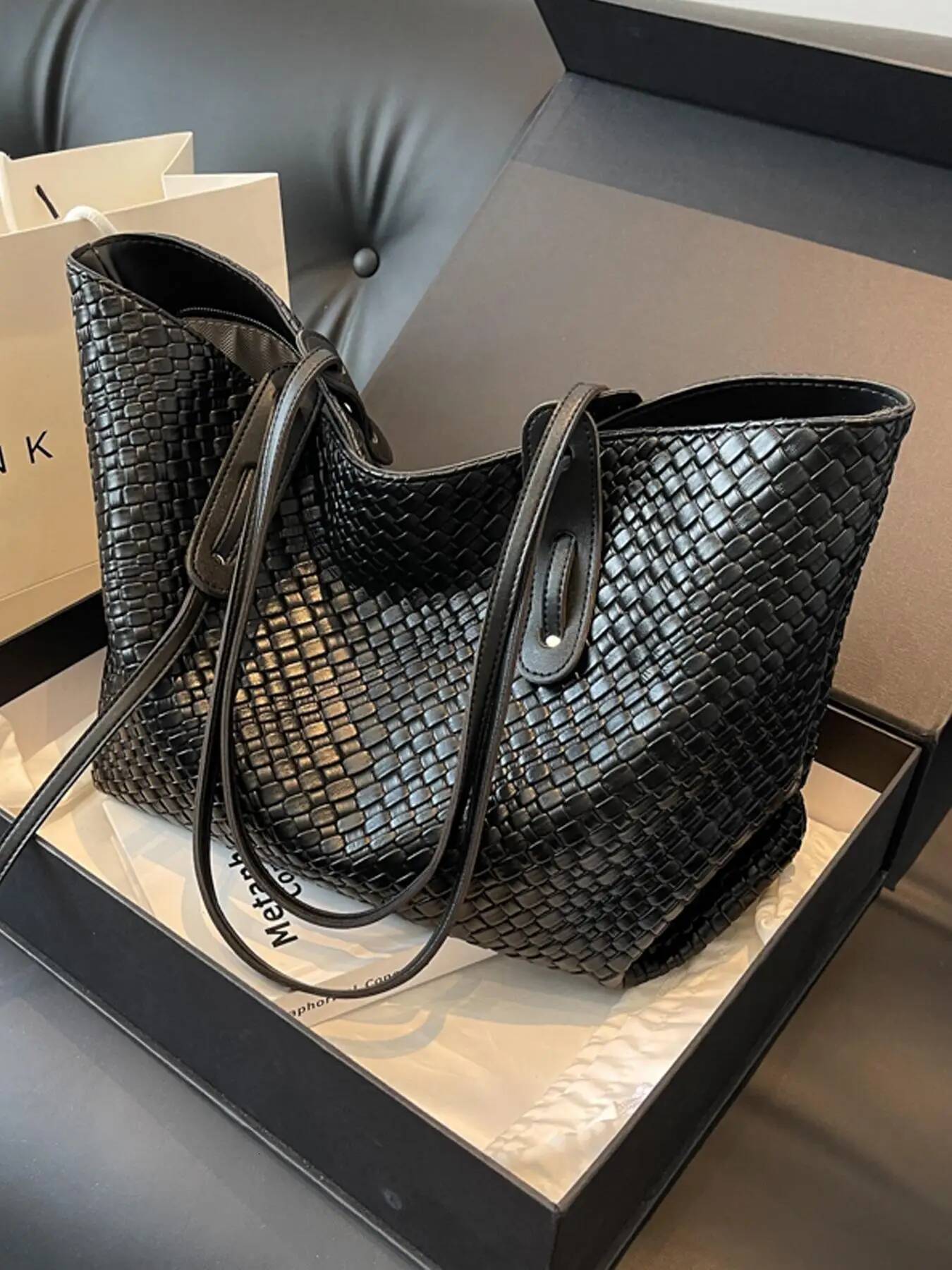 Retro Fashion Classic Solid Color Pu Woven Diamond Grid Designer Bag High Leather Double Handle Single Shoulder Large Capacity Portable Tote Bag