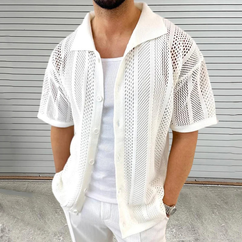 Vintage Knitted Hollow Out Shirts Men Fashion Button Lapel Short Sleeve Knit Shirt Summer Mens Knitwear Casual Solid Color Tops 250617