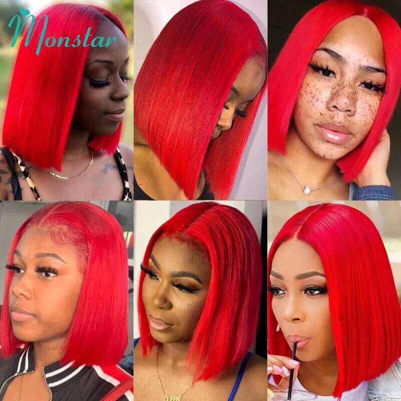 13x6 Red Colored Lace Front Human 13x4 Short Bob Straight Brazilian Hair Transparent Preplucked 5x5 Closure Wig