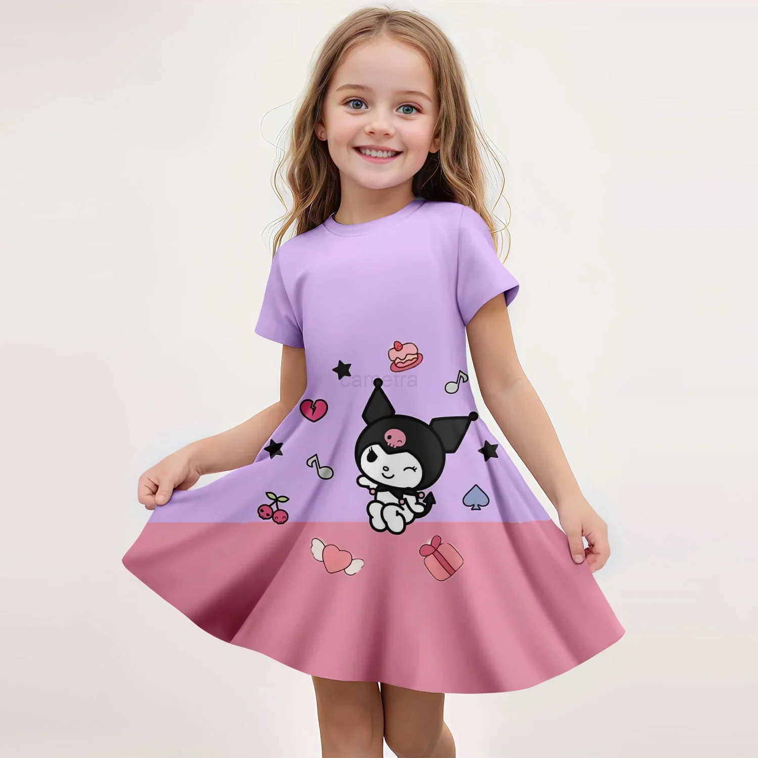 Sanrio 2025 Girl Clothes Summer Dress Fashion Comfortable Cartoon Cute Children Dresses Short Sleeve Kuromi Sanrio 3D Print NewXJ250618