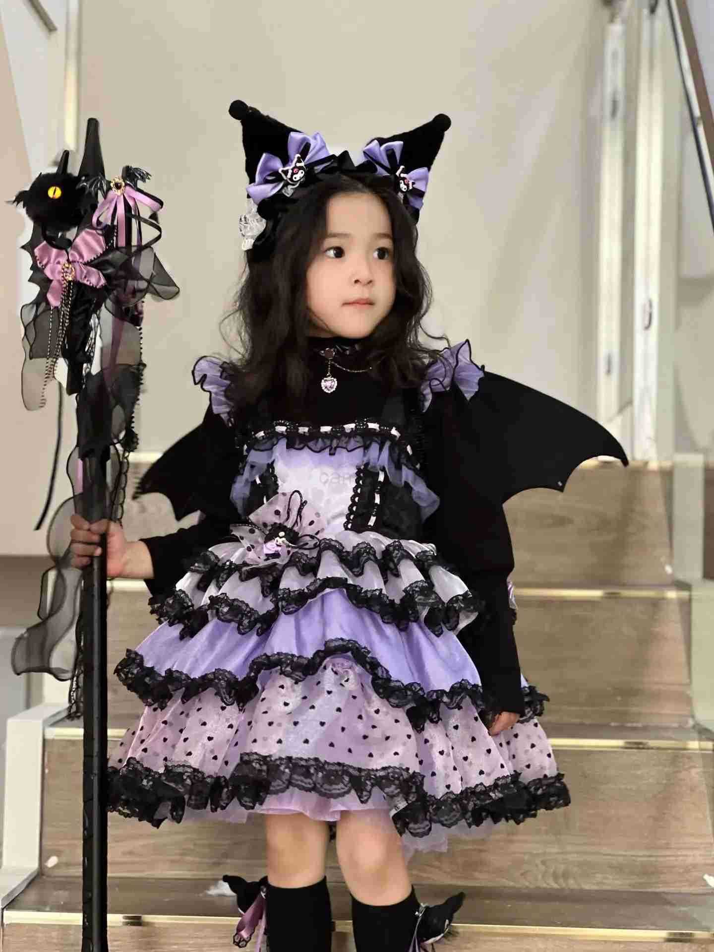 Sanrio Sanrio Kuromi Kawaii Lolita Dress Spring Autumn Girl Cute Cosplay Clothing Halloween Birthday Party Role Play Tutu Dress XmasXJ250618
