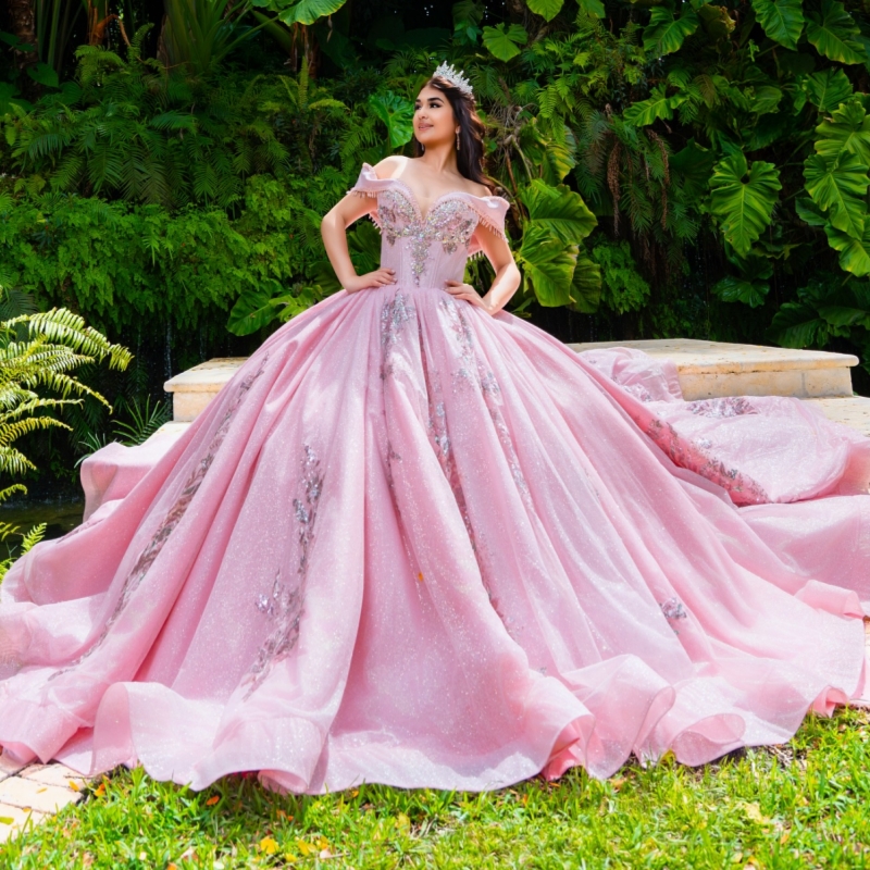 Pink Shiny Quinceanera Dresses Ball Gown Off The Shoulder Sequin Applique Lace Beading Tull Sweet 16 Dress Vestidos 15 De Anos