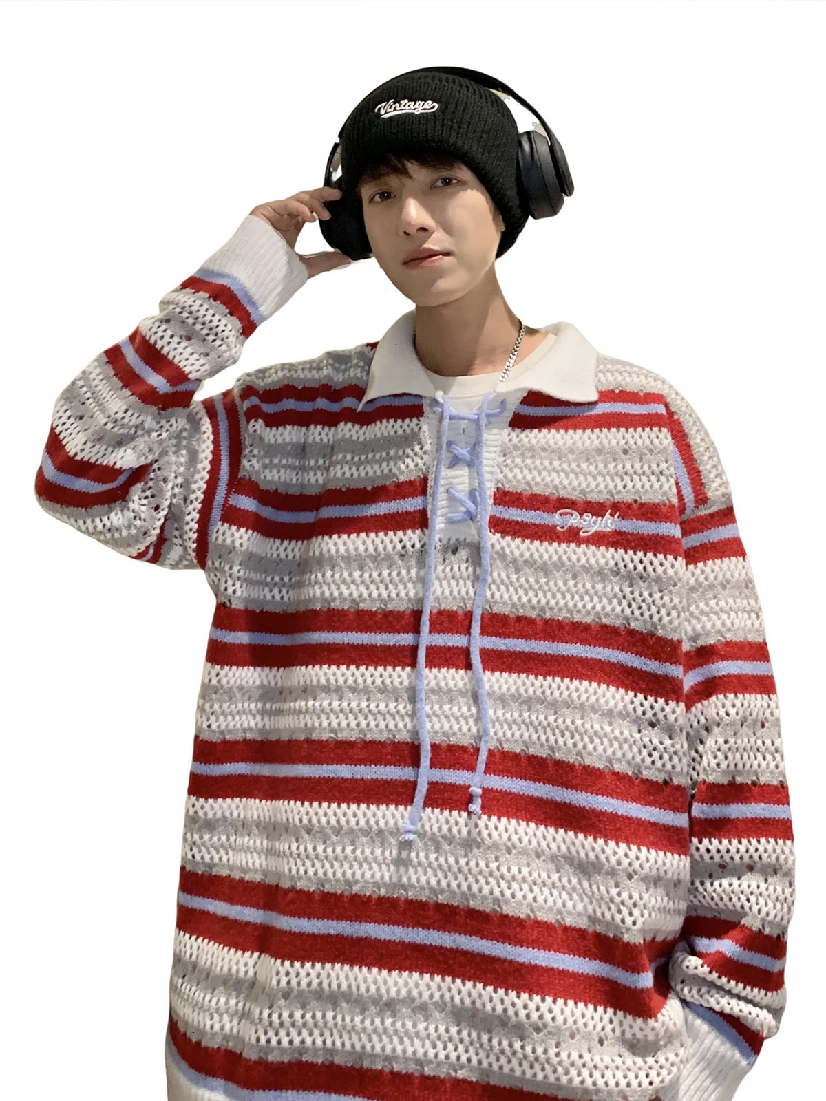 Color Blocked Polo Collar Striped Knit Sweater for Men Spring Autumn Japanese Retro Vintage Loose Fitting Couple Lazy Sweater 250618