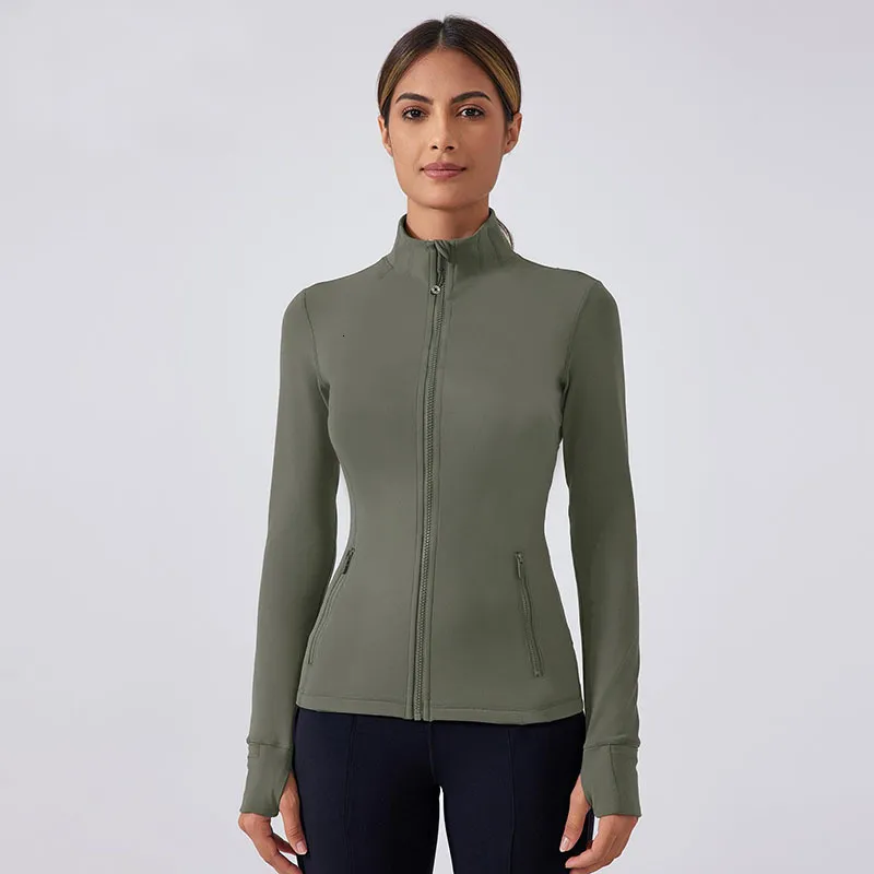 Stretch Gold Zipper Yoga Jacket Stand Up Collar Yogo Clothes Long-Sleeve Thumb Hole Training Running Sweateshirt Women Slim Fitness Coat Sports Outfit