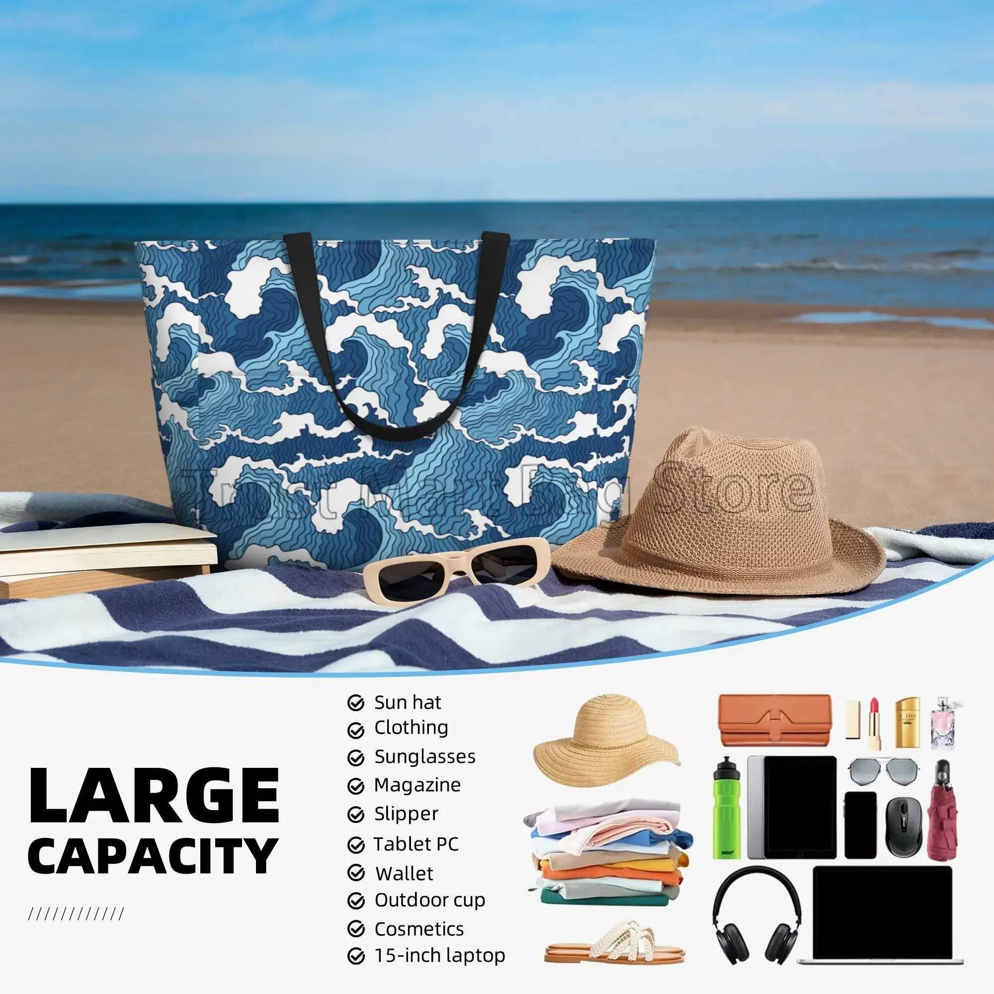 Sea Wave Beach Tote Bags for Women Waterproof Sandproof Large Pool Bag Stylish Zipper Beach Tote for Gym Travel Shopping School B250618