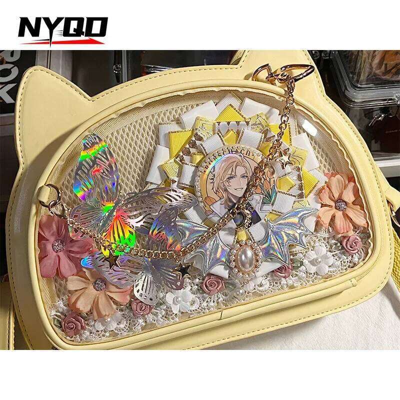 Transparent Crossbody Y2K Cute Cat Shoulder Handbag Lolita Ita Anime Sweet Girl Kawaii Badge Display Messenger Bag for Girls