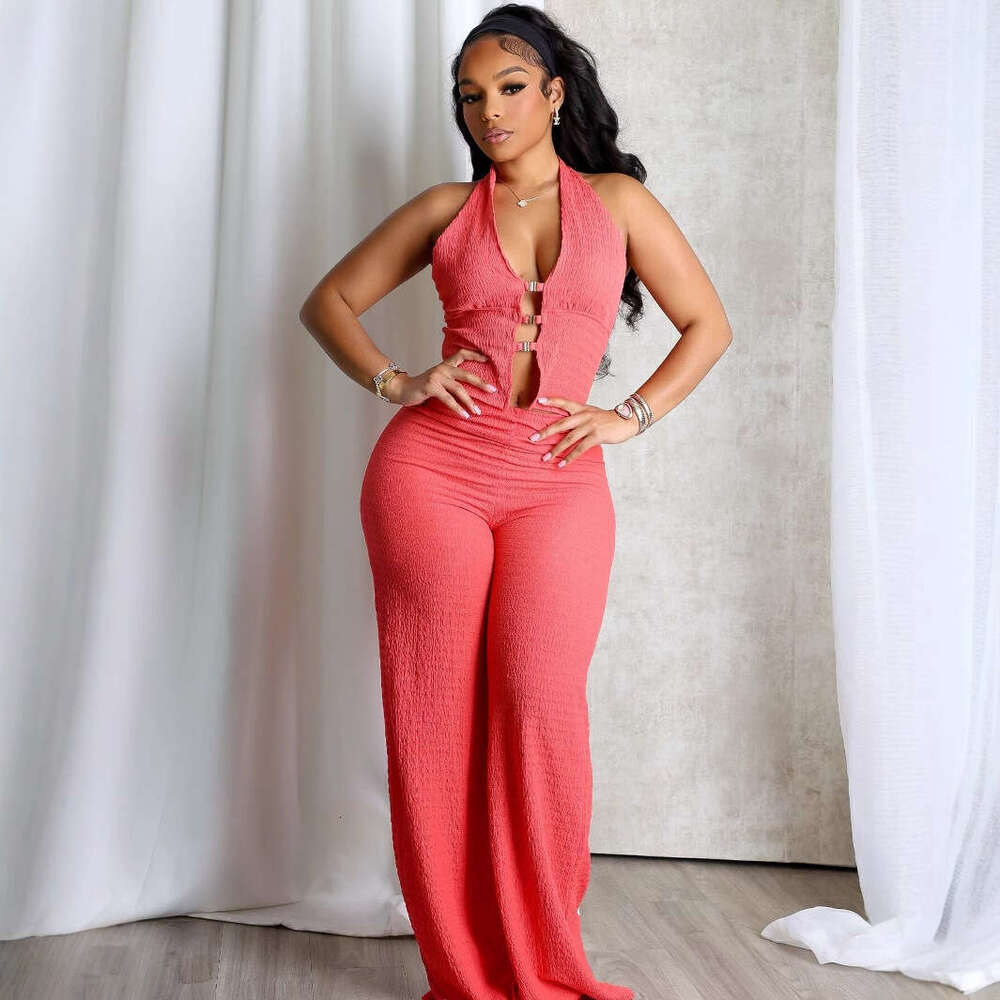 Summer New Halter Neck Sleeveless Backless V-Neck Tube Top Button Sexy Fashion Jumpsuit B5