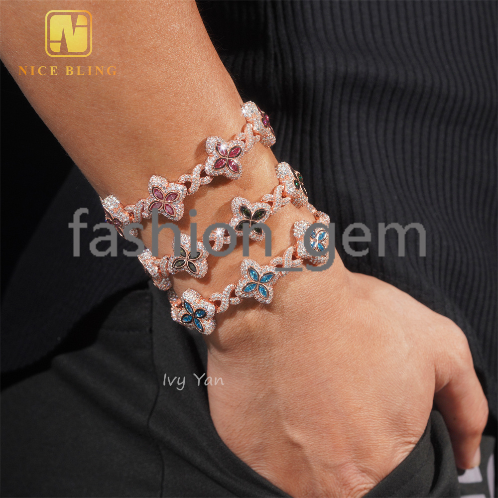 Rich Color Luxury Flower Design 18mm Custom Iced Out Hip Hop Unisex Jewelry Cuban Link Chain 925 Silver VVS Moissanite Bracelet