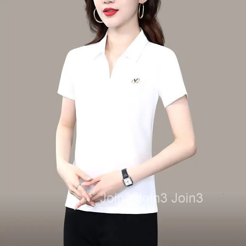 Womens T Shirts with Sleeves Top Plain Polo Neck Shirt White Clothes Youth Synthetic Cute Trend Y2k Fashion Luxury Cotton Sale