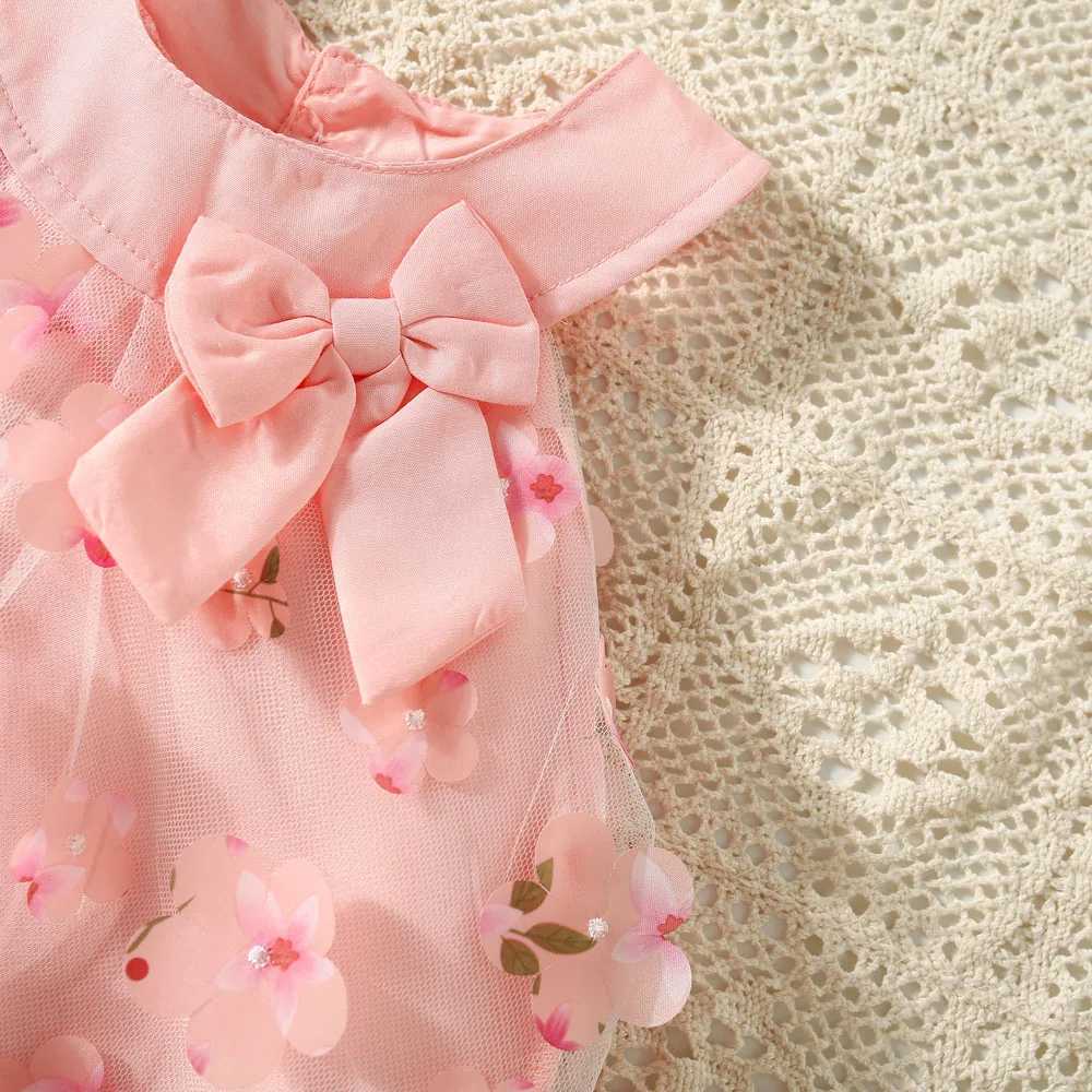 (0-3 Years Old) Summer Mesh All Over Flower Bow Baby Girl Dress Cute Sleeveless Girl Princess DressC250617