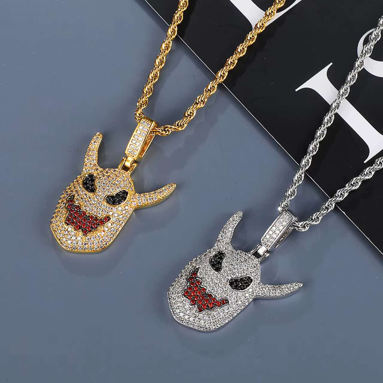 Luxury Mens 18K Gold .925 Silver Hip Hop Demon Devil Pendant Fancy Design Moissanite Necklaces