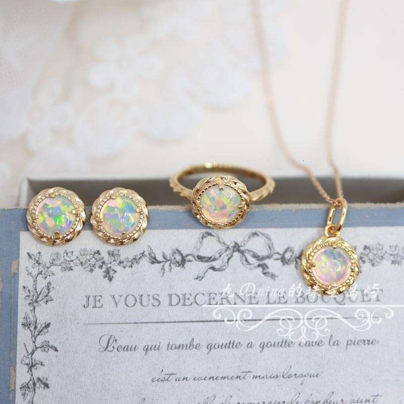 Fireworks and flowing lights.Round Small Sun Synthetic High Imitation Colorful Opal Ring Earrings Necklace Set