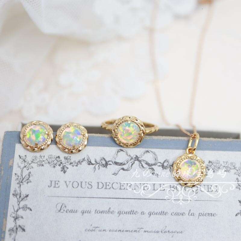 Fireworks and flowing lights.Round Small Sun Synthetic High Imitation Colorful Opal Ring Earrings Necklace Set