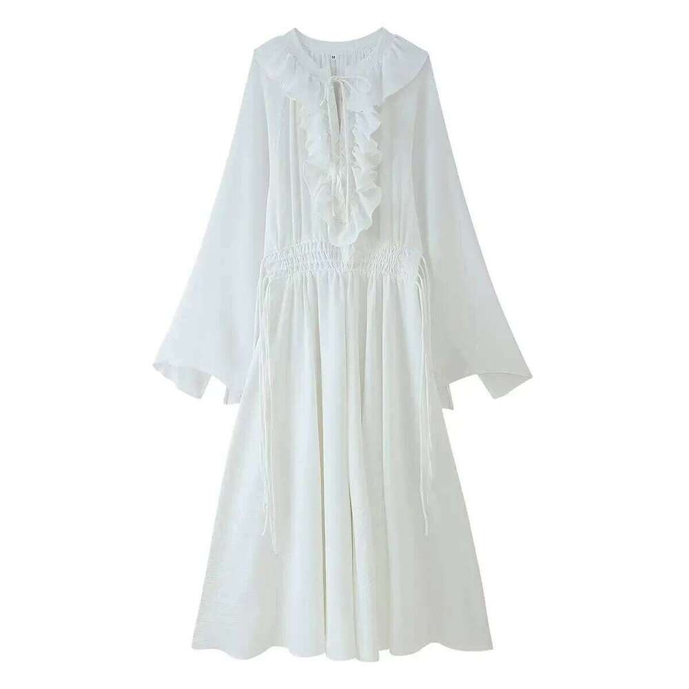 Designer Clothing 2025 Summer Beach Style Long White V-Neck Lace Drawstring Waist-Hing Women's Casual Dress Streetwear