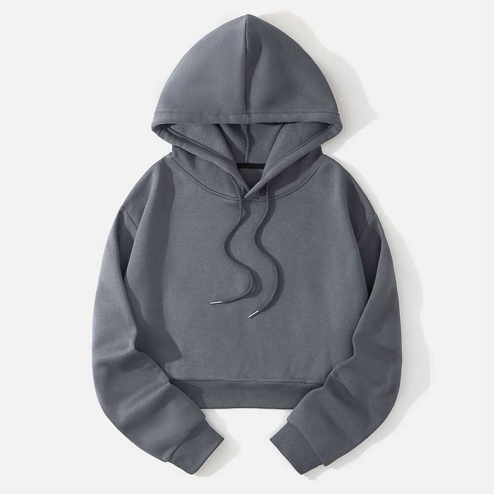 Women's Solid Color Cropped Hoodie, Warm Fleece Sweatshirt in Sporty Style, Loose-Fit Casual Brand Sweatshirt, Streetwear