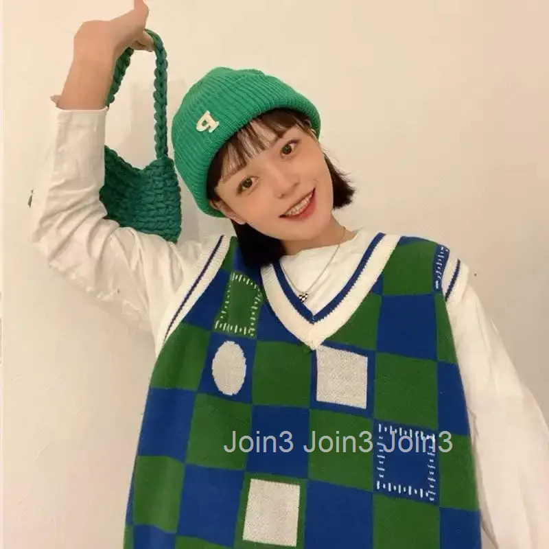 Green V-neck Vest Womens Sweater Plaid Long Knit Tops for Woman Winter 2025 90s Vintage Thermal Blouse Tall Aesthetic New In