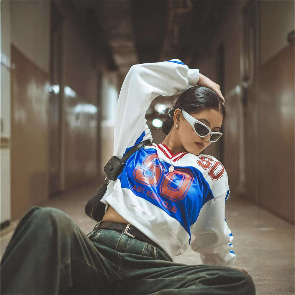 Autumn New Letter Print Sports Jersey Loose V-Neck Color Block Long Sleeve Top For Women B5