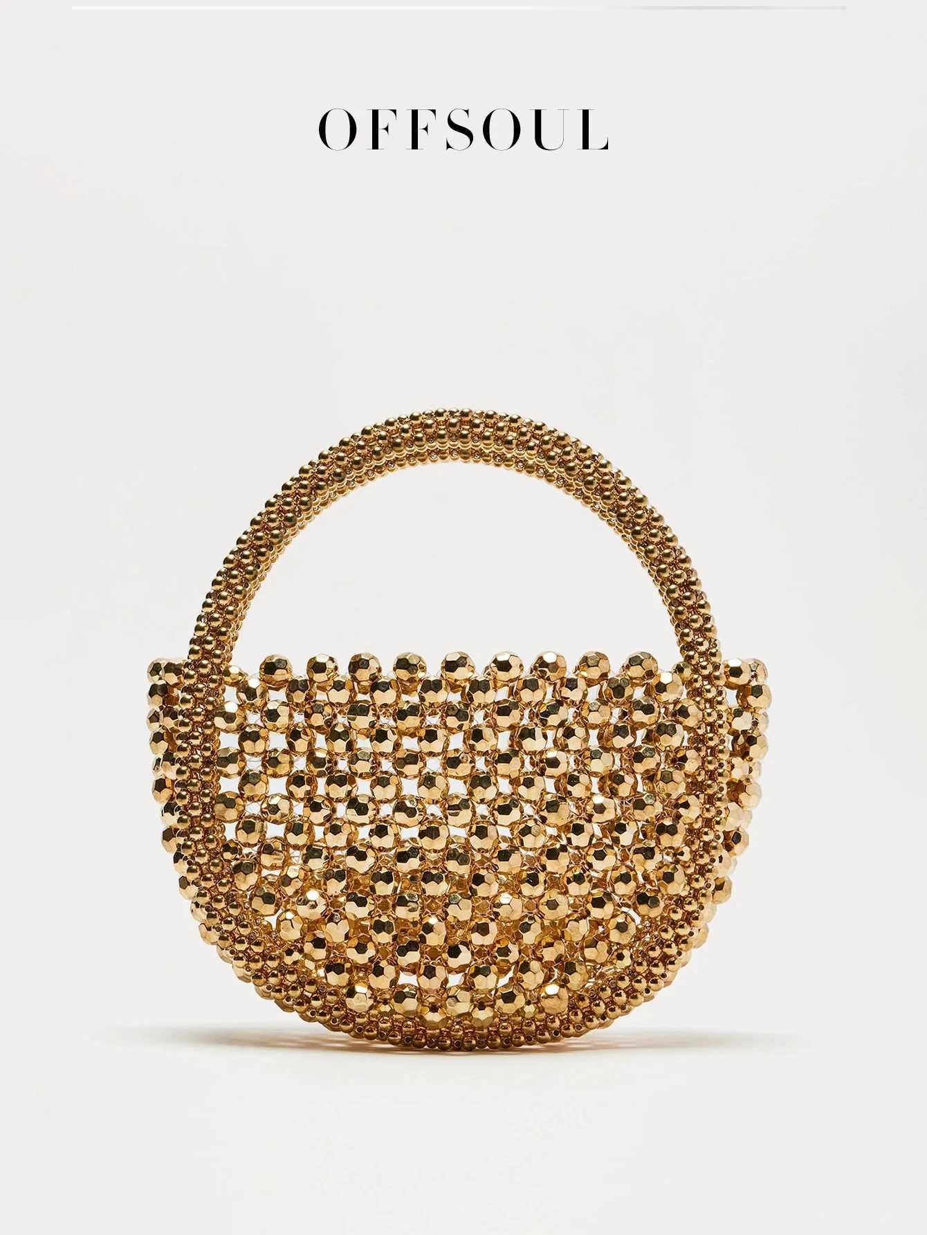 Hollow Hand-Made Metal Sense Gold Beads Woven Handbag Half-Round String Beads Pearl Bag Round Handbag Z250618