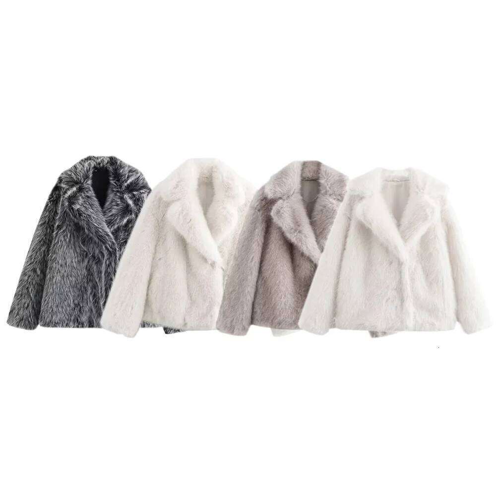 PB&ZA2024 Winter New Women's Clothing Style Simple and Fashionable Versatile Artificial Fur Effect Flip Collar Short Warm Coat