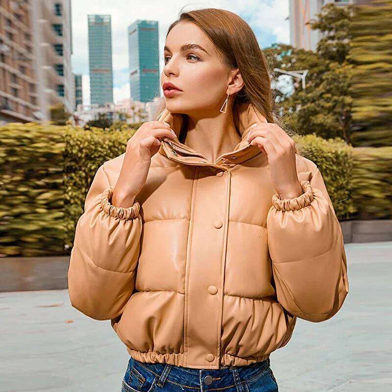 Women's Thick & Warm PU Leather Short Parka - Stylish Black Canvas with Soft Padding