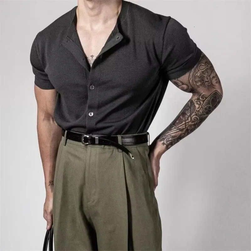 y Men Knitted Cardigan Short Sleeve Summer Thin Singlebreasted Knit Sweater Breathable Ice Silk Tshirt Outerwear 250617
