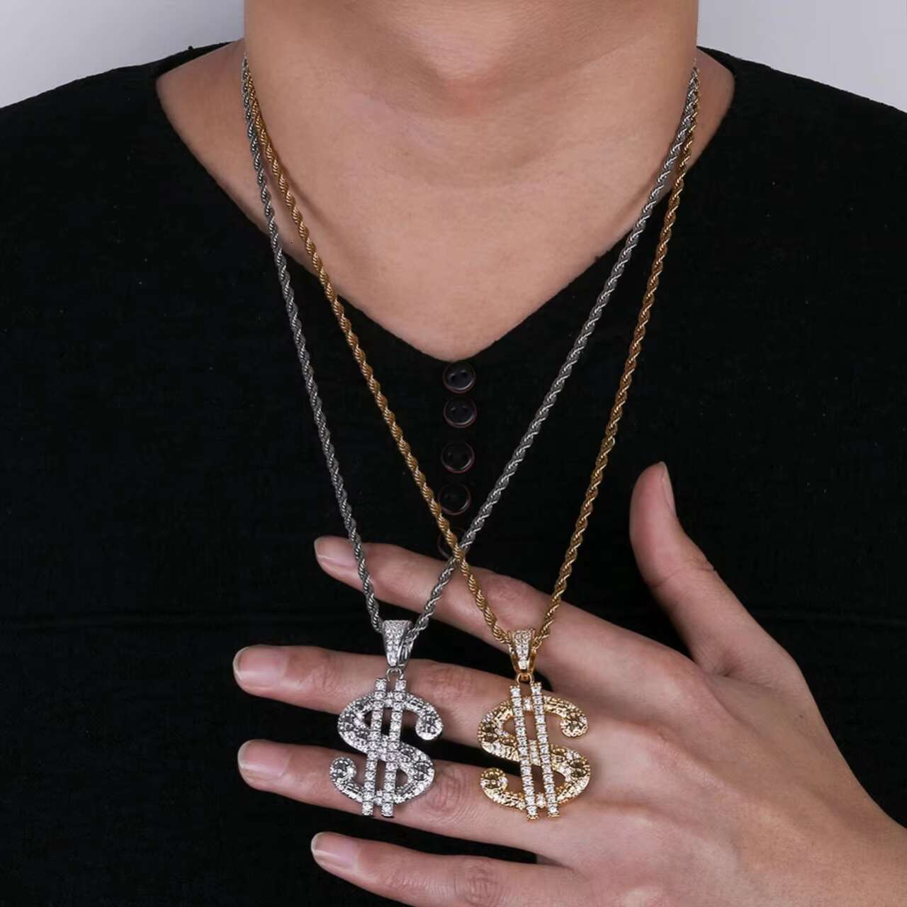 Luxury Hip Hop Style Moissanite Pendants Charms New Design Solid 14k Gold 925 Silver Blinged Dollar Sign Moissanite Necklaces