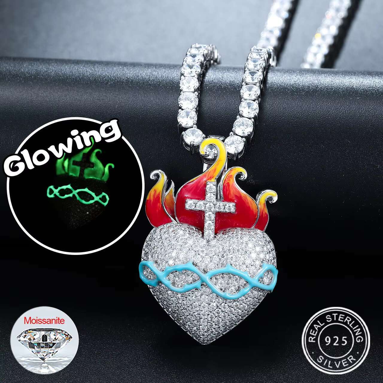 Luxury 925 Sterling Silver Moissanite Diamond Heart Pendant Necklace Unique Cross Flame Glow Dark Jewelry with Pendants Charms