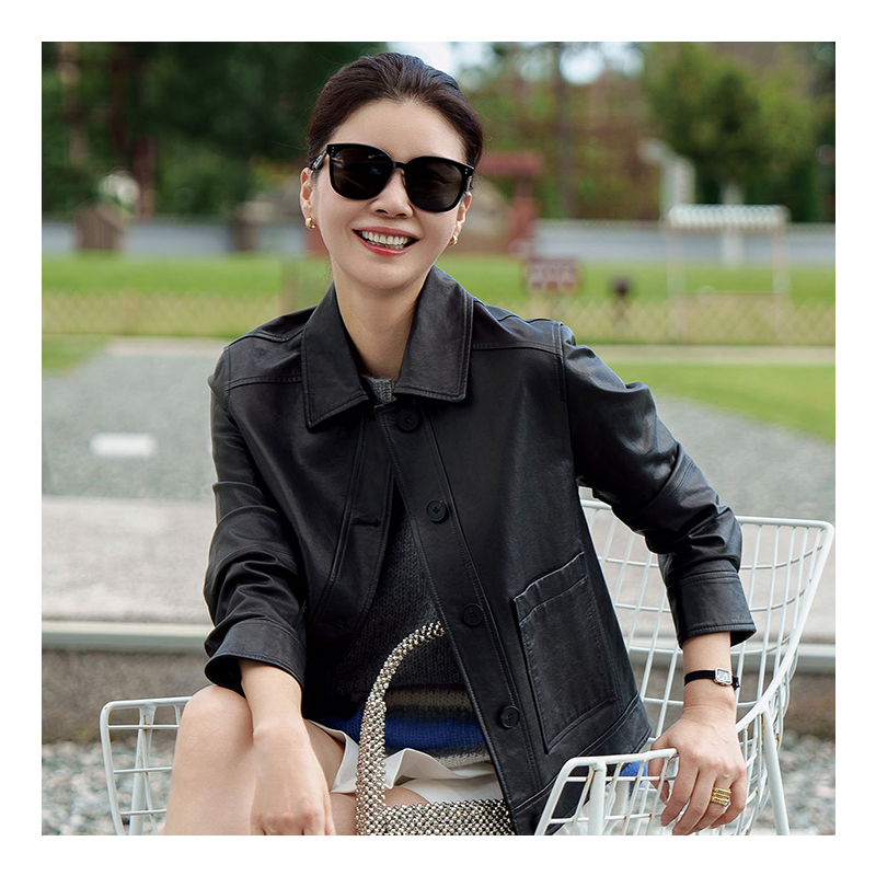 Sheepskin genuine leather jacket for women, slim and casual, lambskin retro leather jacket, short jacket