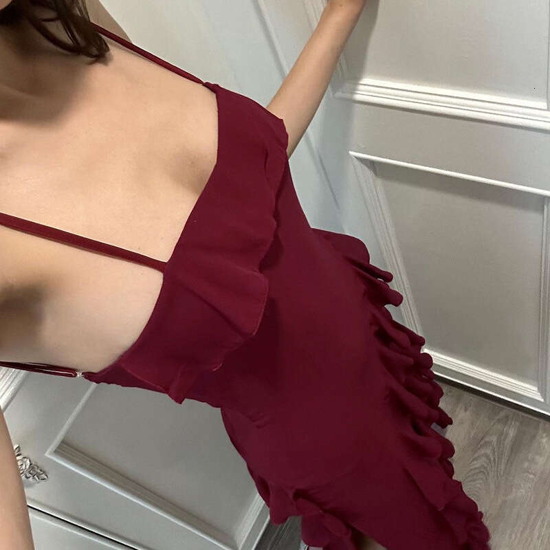 Summer New Women's Solid Color Slim Fit High Waist Fashion Off-Shoulder Strap Dress B5