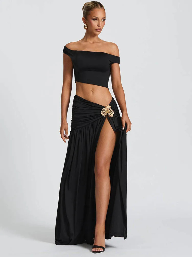 Mozision Elegant Dress Set Women Skew Collar Crop Top And Split Skirt Matching Set Fashion Backless Pleated Skirt Two Piece Set 250617