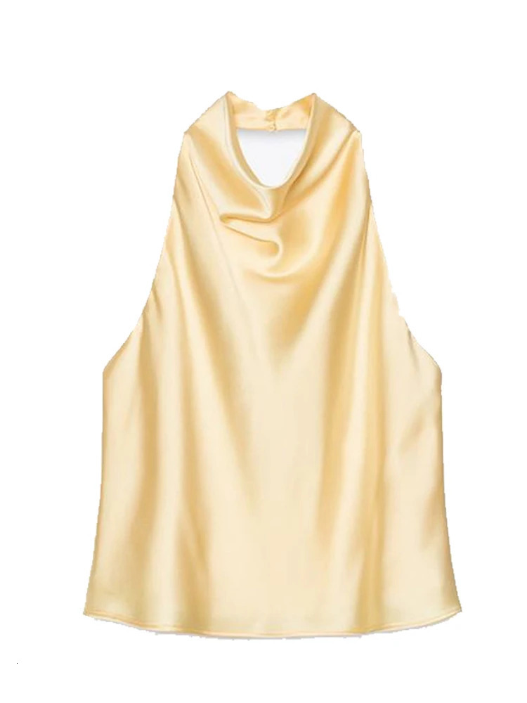 Women Halter Top Solid Satin Backless Slip Tank Top Casual Office Ladies Off Shoulder Evening Party Vest 2025 Spring Fashion 250617