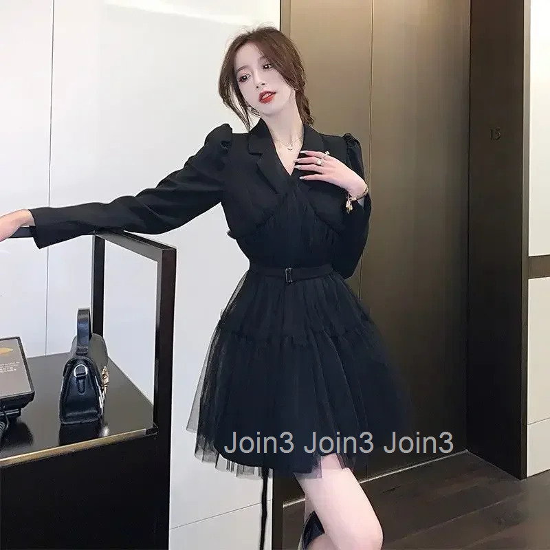 Splicing Female Dress Black White Elegant and Pretty Casual Youth One Pieces Korean Style Aesthetic Womens Long Sleeve Dresses