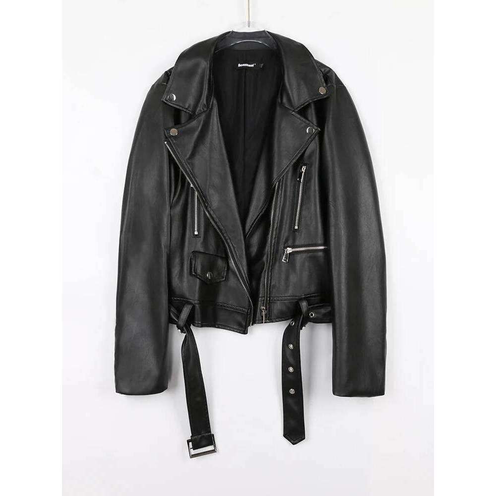 Nerazzurri Spring Autumn Short White Black Soft Faux Leather Biker Jacket Women Long Sleeve Zipper Belt Cool Outerwear