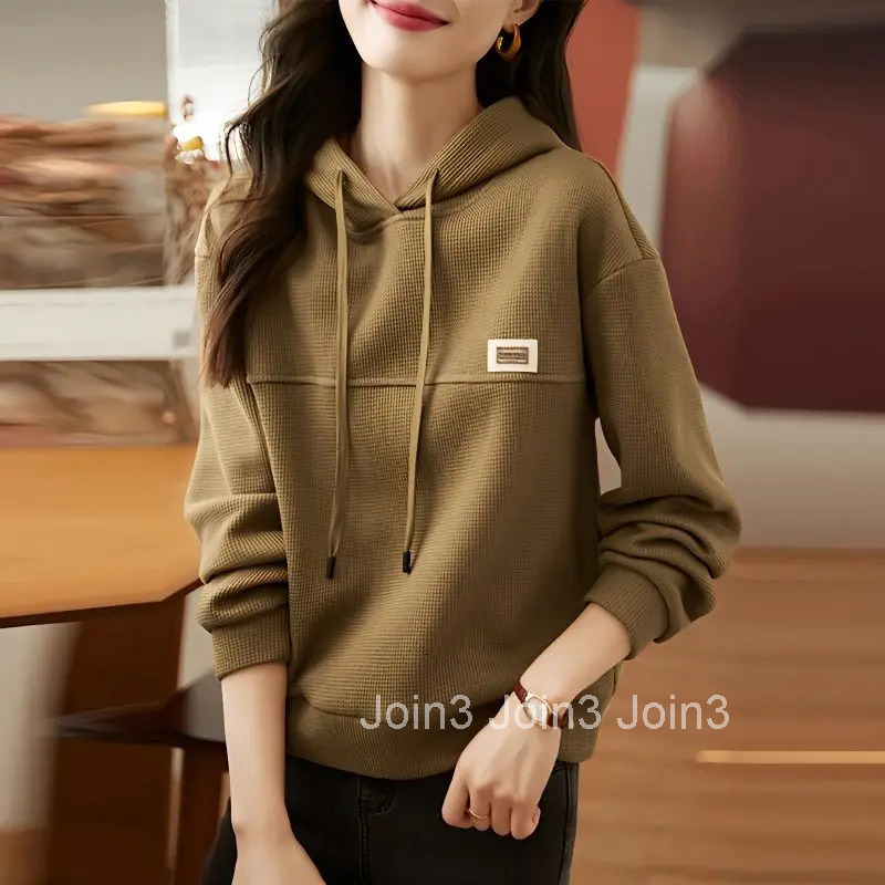Brown Womens Sweatshirt Slim Plain Top Sport Hoodies Hooded Xxl Korean Fashion Autumn and Winter Woman Clothing E New in M Kpop