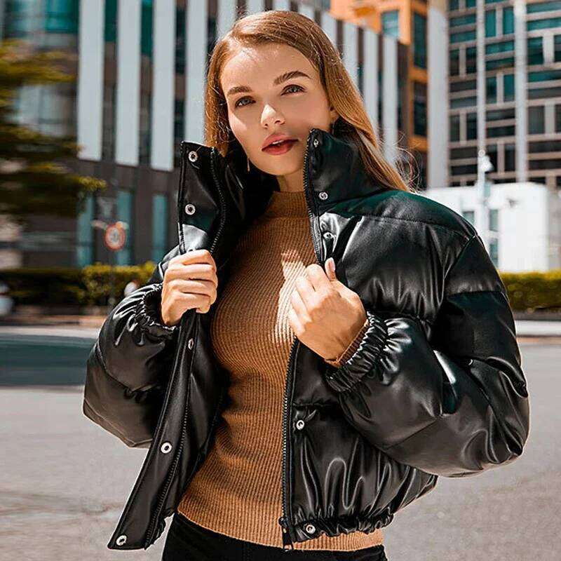 Women's Thick & Warm PU Leather Short Parka - Stylish Black Canvas with Soft Padding