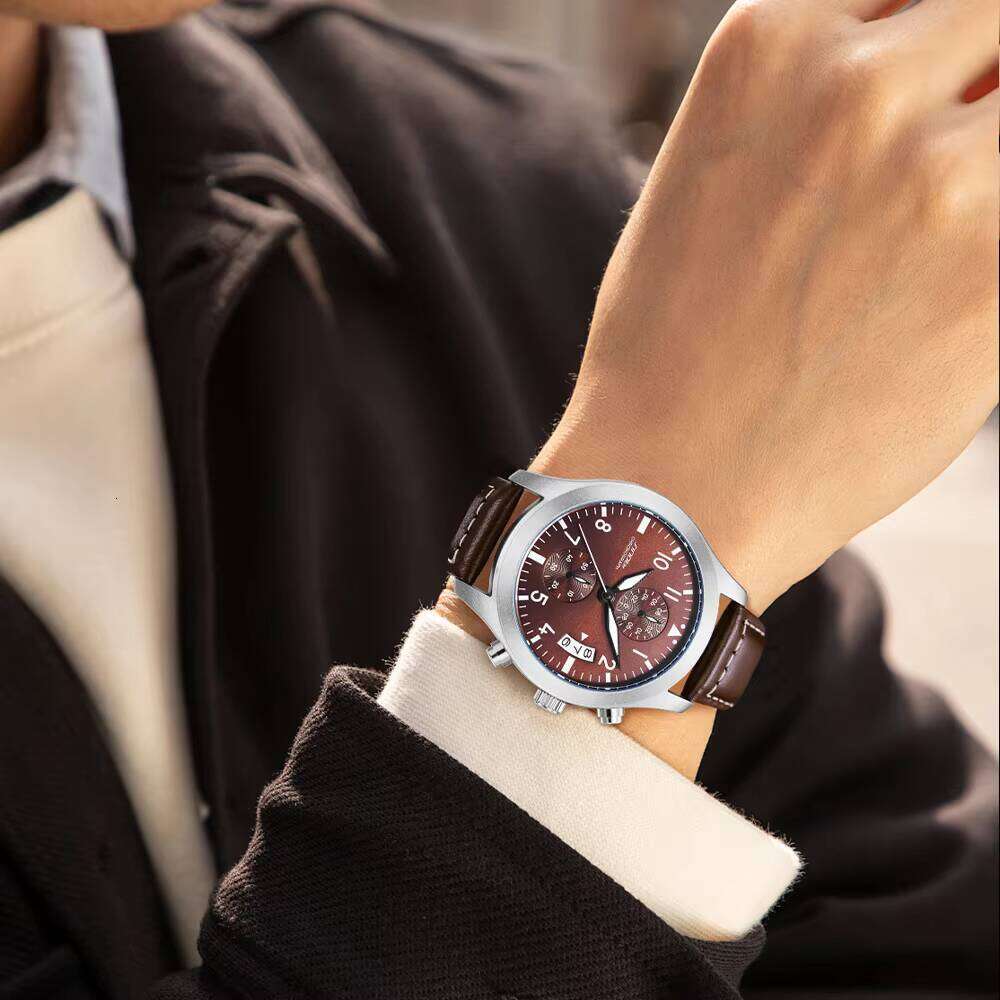 DHgargets SINOBI Quartz Watches Men Wrist Multi-function Genuine Leather Waterproof Chronograph Calendar Relojes Wristwatch