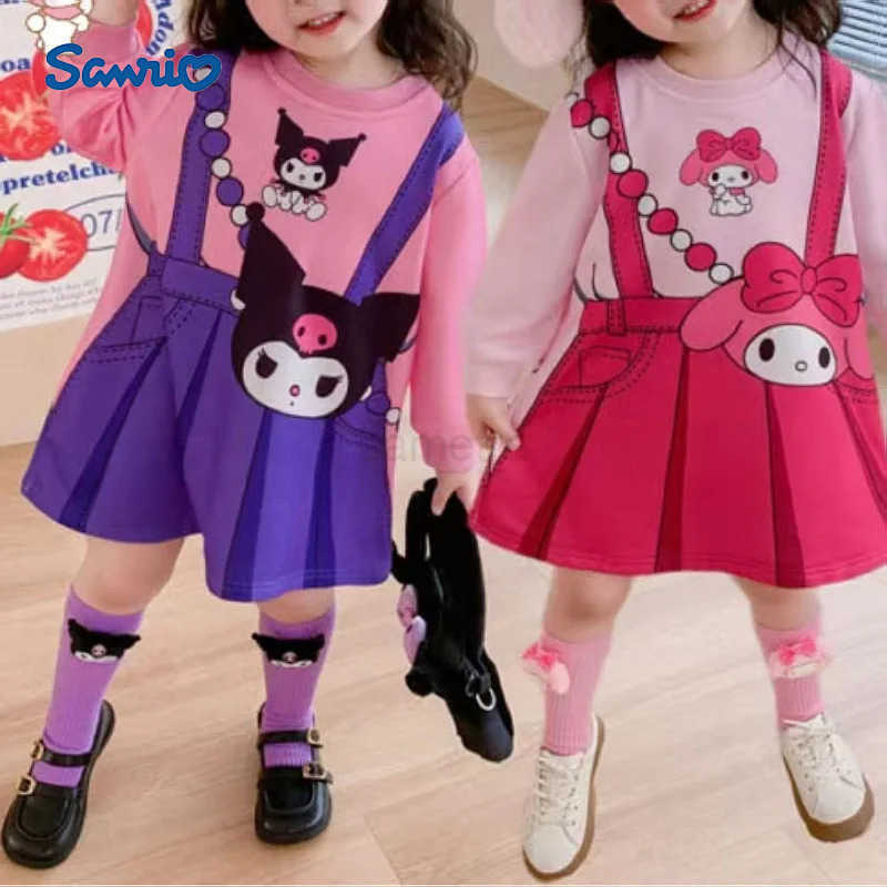 Sanrio New Kuromi Guard Dress Childrens Crossbody Bag Backband Skirt Girls Cartoon Fake Two Long Sleeves Clothes Print Clothing XJ250618