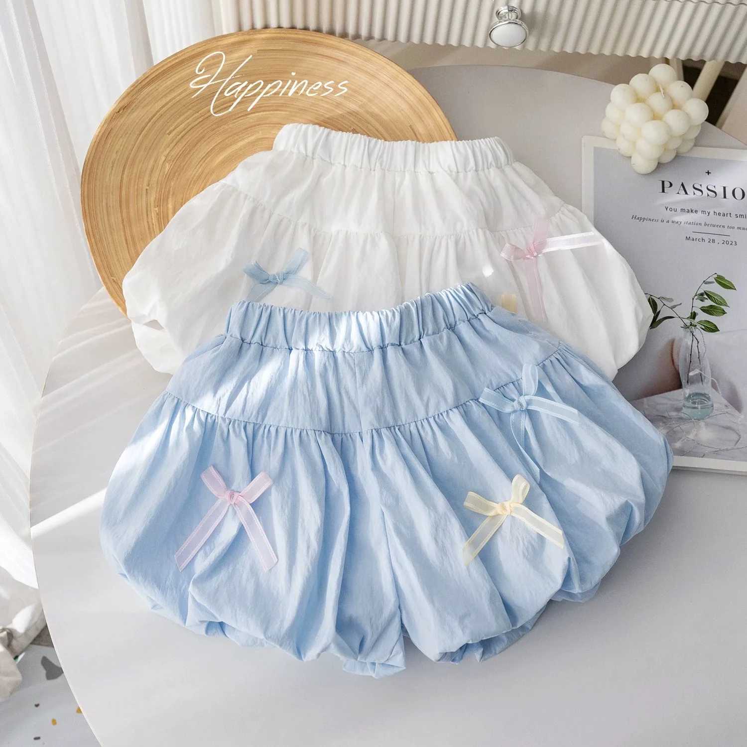 UNITIM Summer Kids Girls Shorts Bow Decorative Korean Casual Folded Childrens Girls Shorts 3-7 Years Girls Puffy ShortsC250617