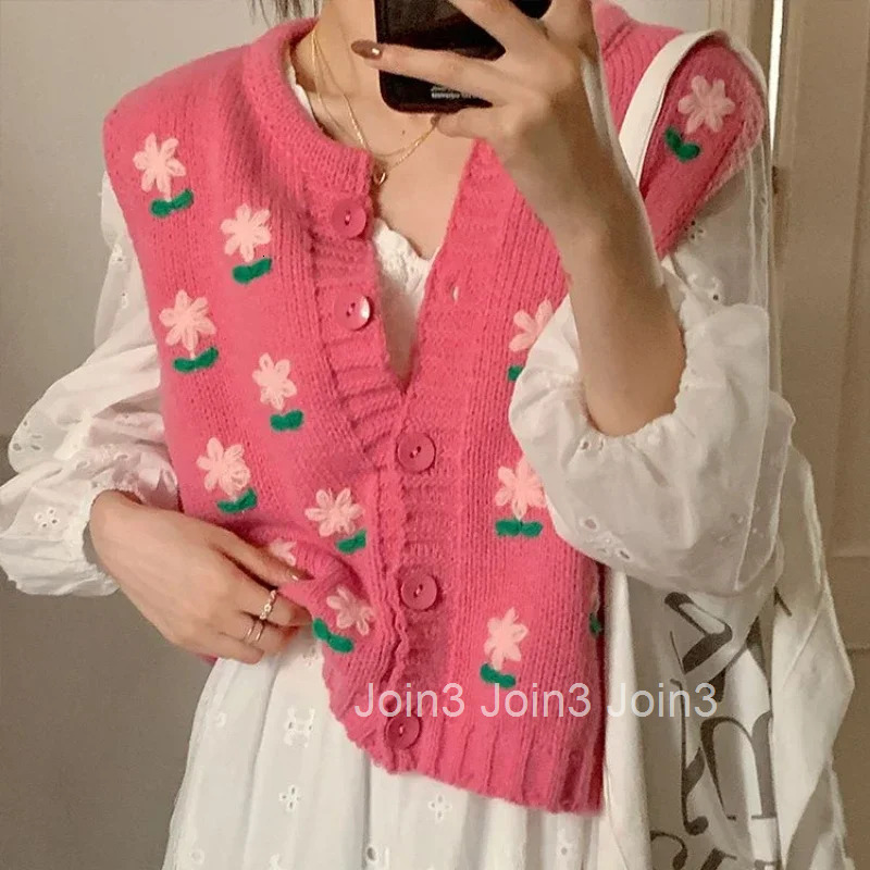 V-neck Womens Sweater Kawaii Knit Tops for Woman Vest Cute Pink Graphic Winter Button Jersey Cashmere Aesthetic Long Sleeve