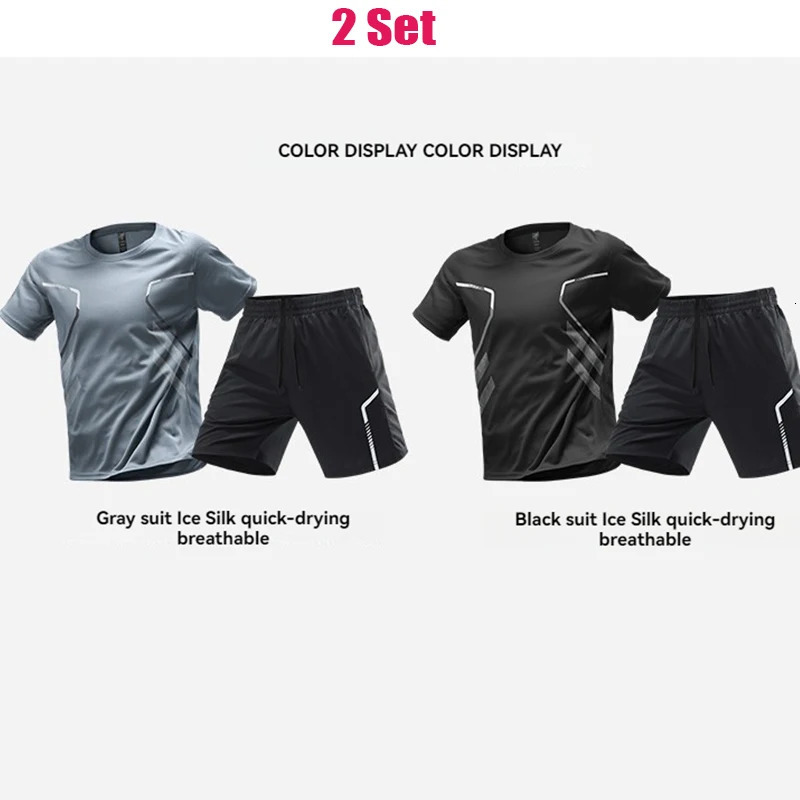 Tracksuit Suit Men Ice Silk Running Quick Dry Shirt Short Sleeve Summer Thin Shorts Fitness Training Wear Ball 250617