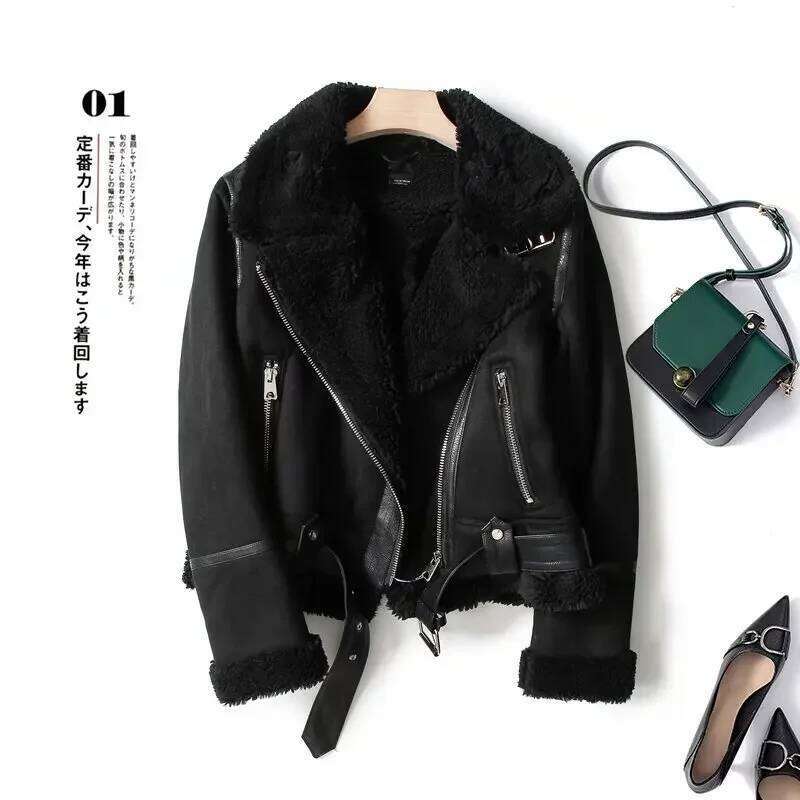 Women Winter Faux Shearling Sheepskin Fake Jackets Lady Thick Warm Suede Lambs Short Motorcycle Brown Coats Leather